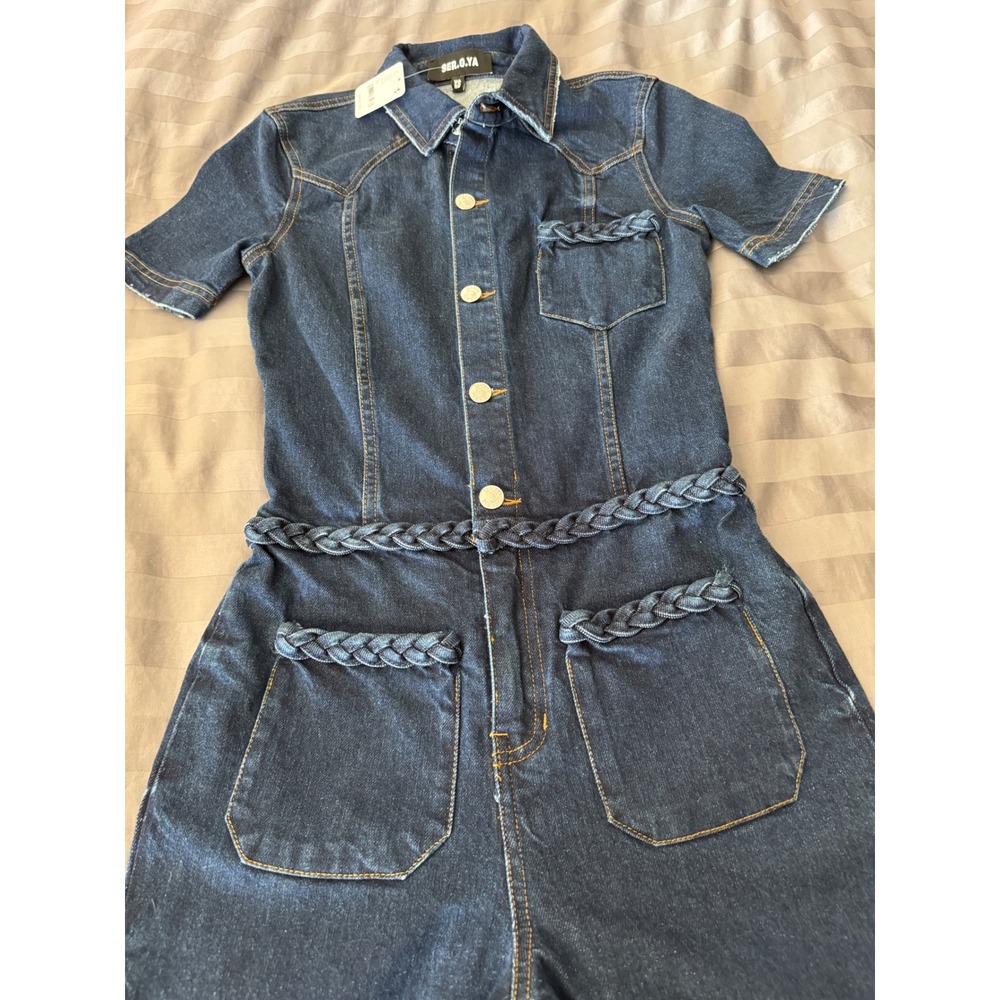 Free People x SER.O.YA Alice Jumpsuit Deep Sea Denim Braided Flare Leg Jumpsuit - Picture 15 of 16